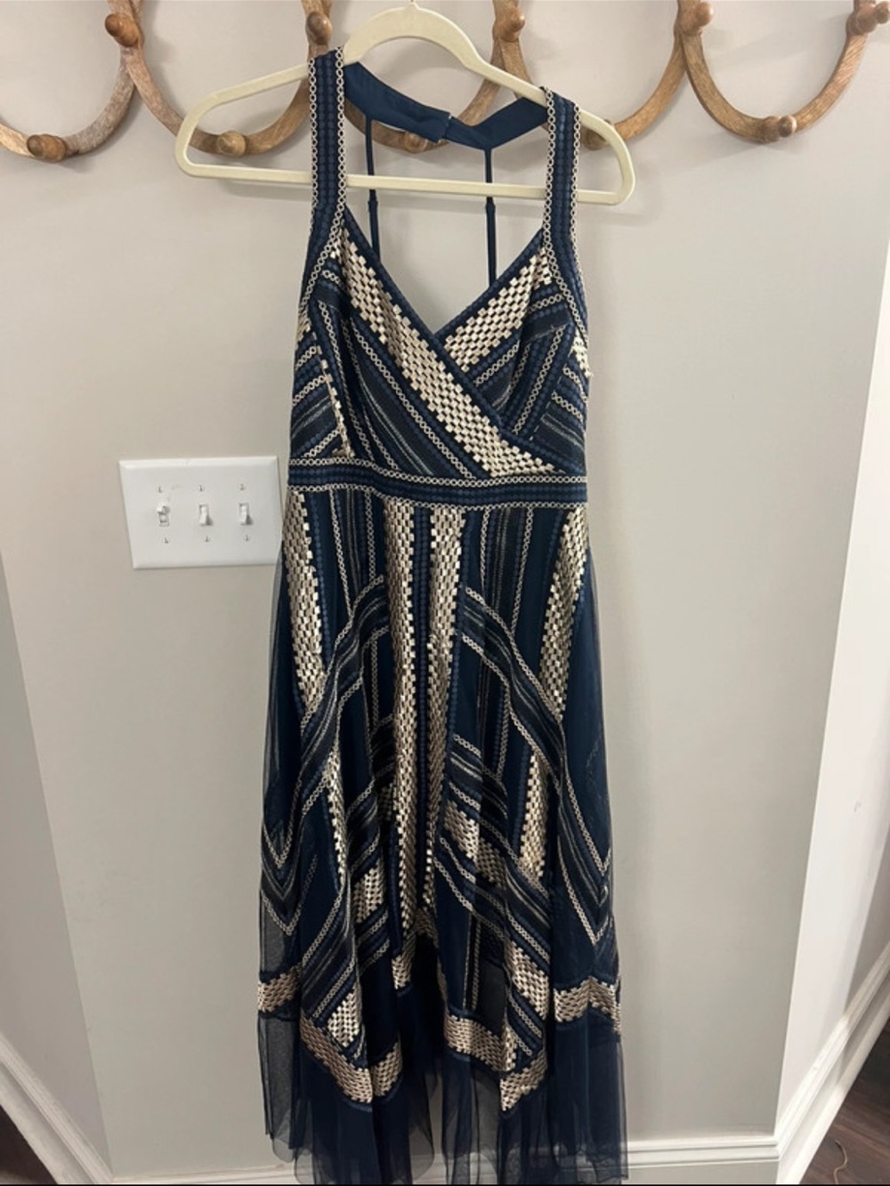 BCBG maxAzria Navy and Cream Striped Sleeveless Dress